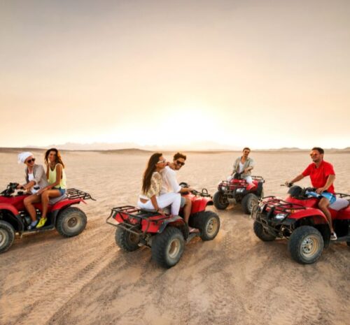A quad biker racing across the golden dunes of Namibia.