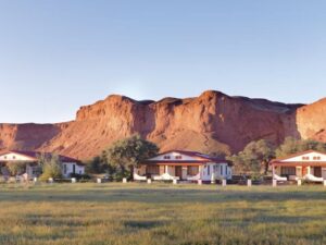 Desert lodge surrounded by the vast Namibia Desert landscape
